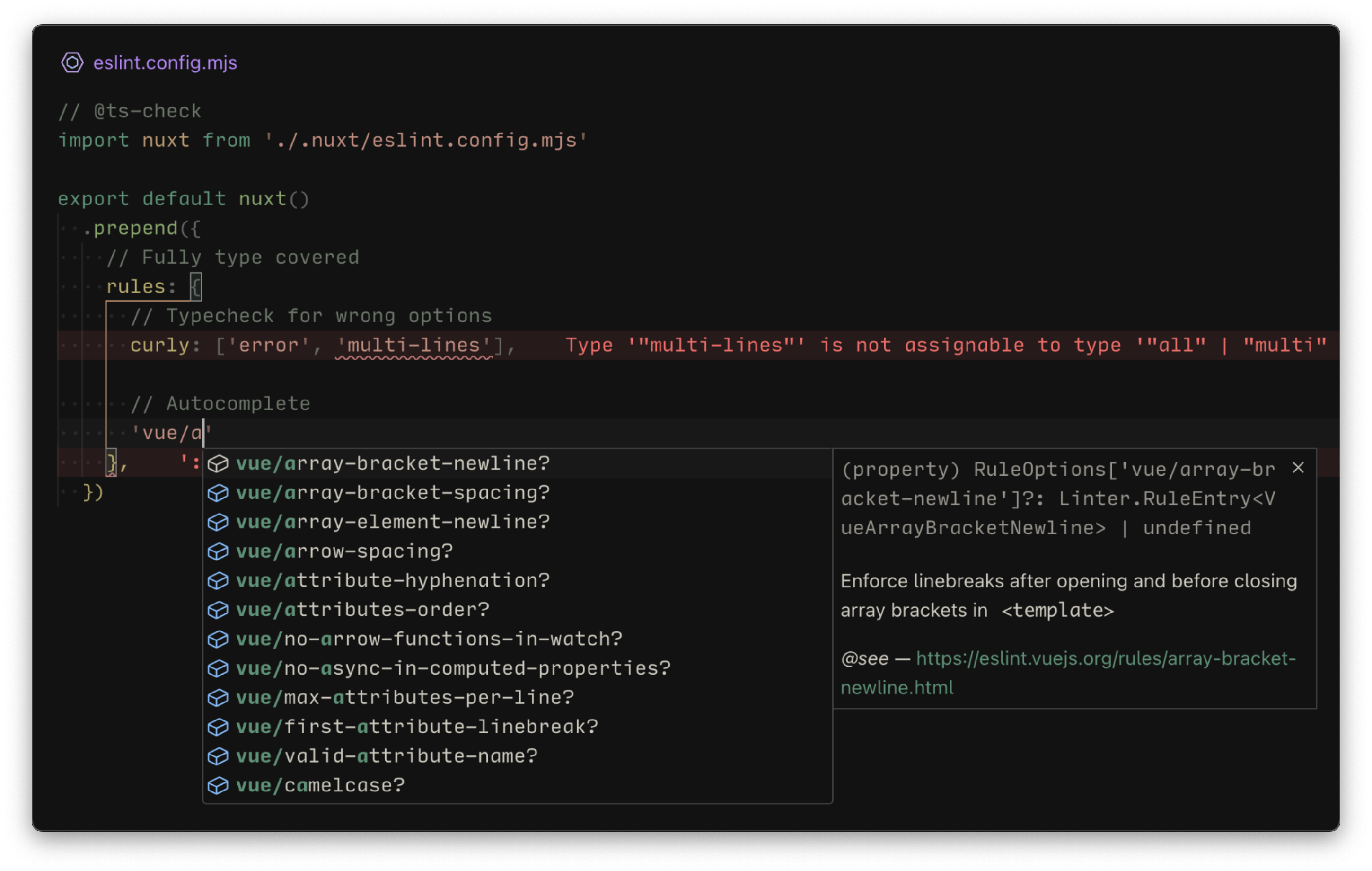 Screenshot of VS Code that showcases the type check and autocomplete with ESLint rules config